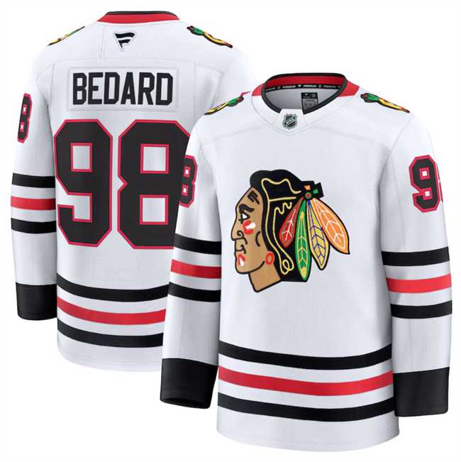 Mens Chicago Blackhawks #98 Connor Bedard White 2024-25 Away Stitched Hockey Jersey Dzhi->chicago blackhawks->NHL Jersey